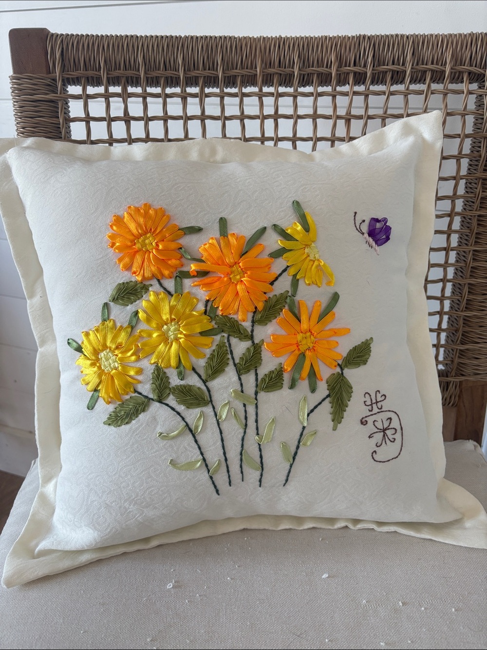 Vintage Ribbon Embroidery Pillow Cover 16x16 Floral Butterfly Cottagecore